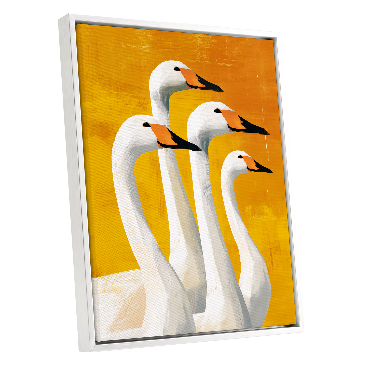 Golden Swan Quartet, white, gold, yellow nature wall art shown as a white framed canvas wall art