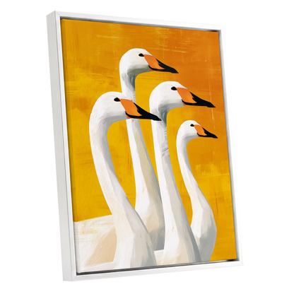 Golden Swan Quartet, white, gold, yellow nature wall art shown as a white framed canvas wall art