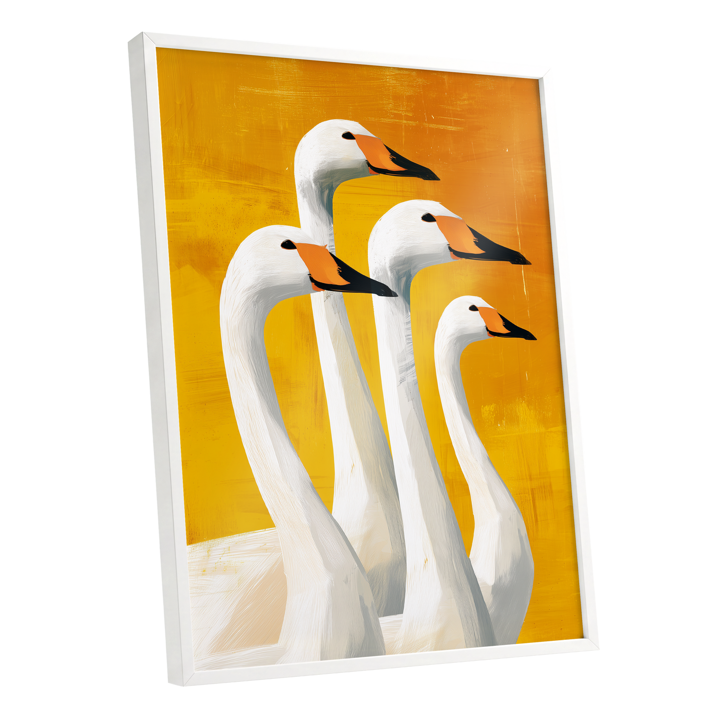 Golden Swan Quartet, white, gold, yellow nature wall art shown as a white framed poster wall art print
