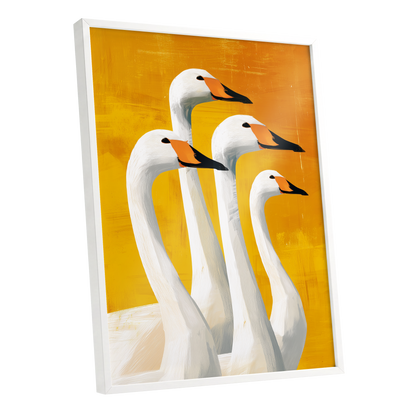 Golden Swan Quartet, white, gold, yellow nature wall art shown as a white framed poster wall art print