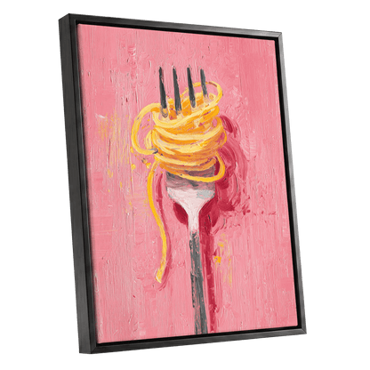 Golden Twirl, pink, gold, orange minimalist wall art shown as a black framed canvas wall art