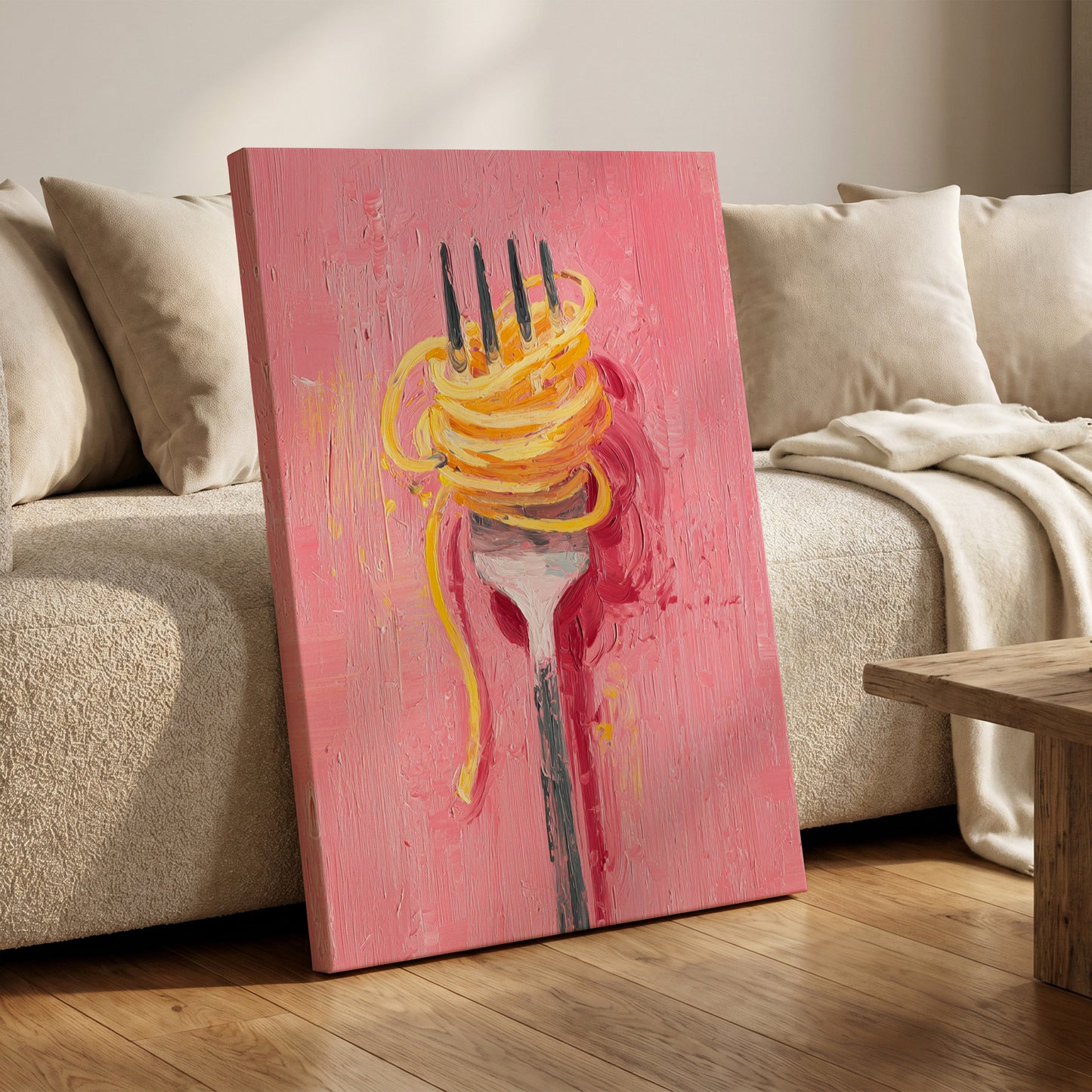 Golden Twirl, pink, gold, orange minimalist wall art on canvas displayed in a styled interior, gallery view 1