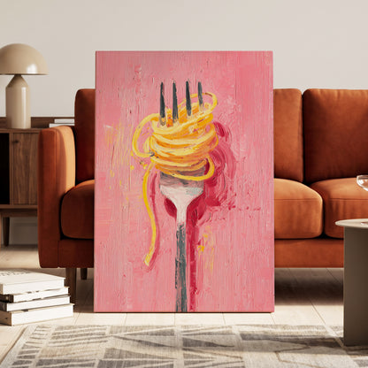 Golden Twirl, pink, gold, orange minimalist wall art on canvas displayed in a styled interior, gallery view 2