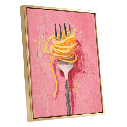 Golden Twirl, pink, gold, orange minimalist wall art shown as a gold framed canvas wall art