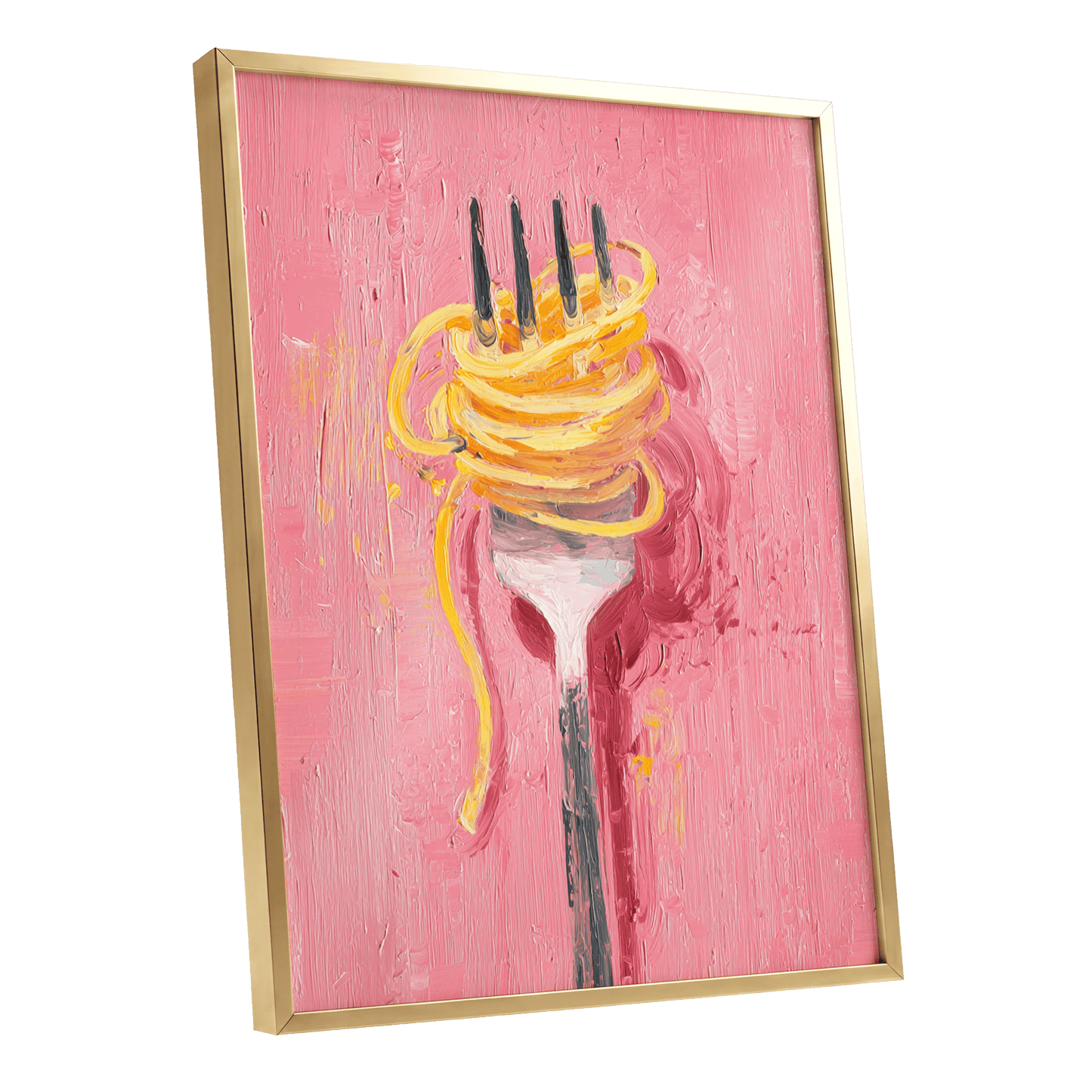 Golden Twirl, pink, gold, orange minimalist wall art shown as a gold framed poster wall art print