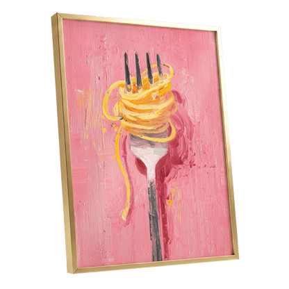 Golden Twirl, pink, gold, orange minimalist wall art shown as a gold framed poster wall art print