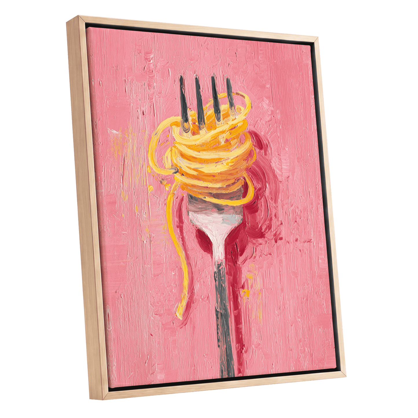 Golden Twirl, pink, gold, orange minimalist wall art shown as a oak framed canvas wall art