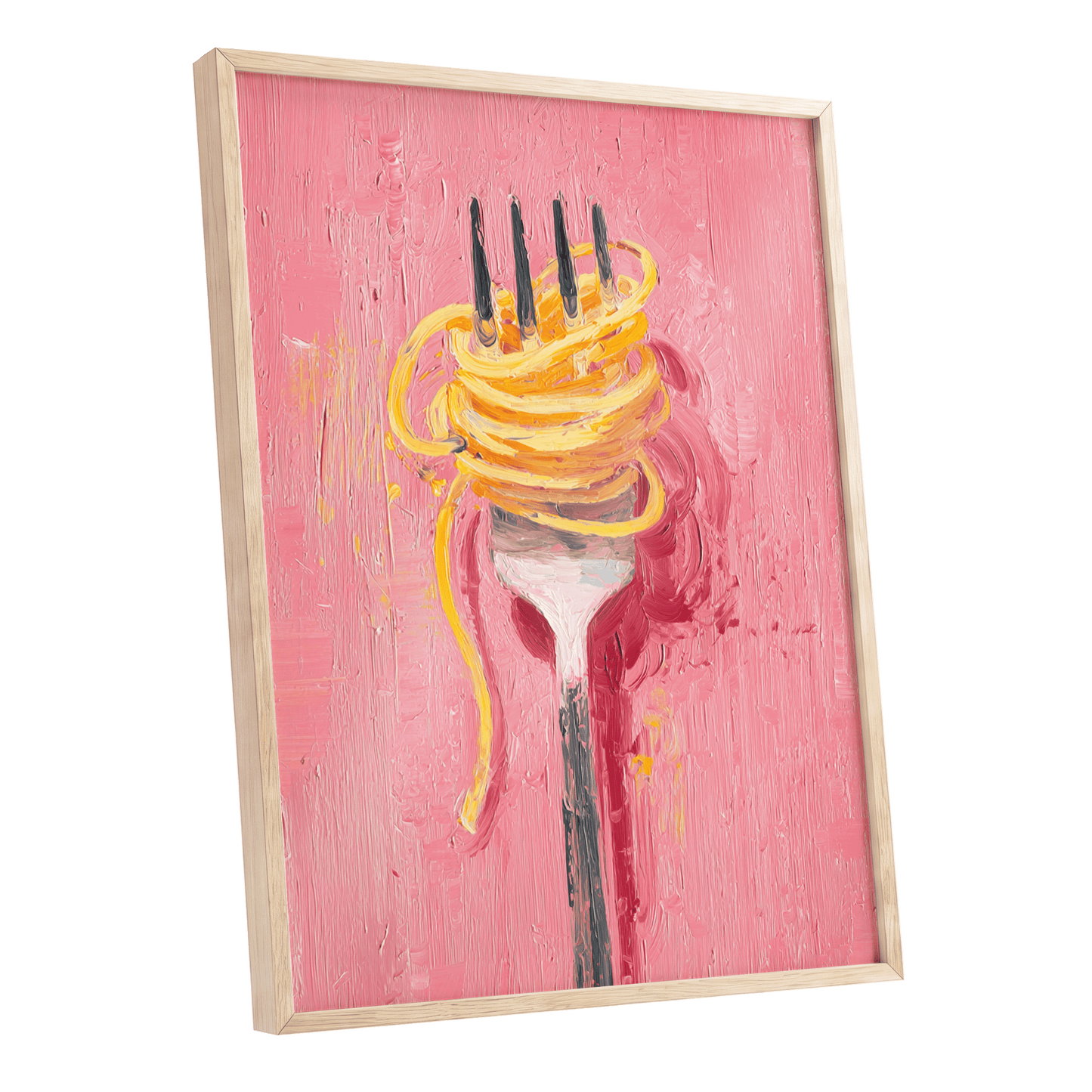Golden Twirl, pink, gold, orange minimalist wall art shown as a oak framed poster wall art print