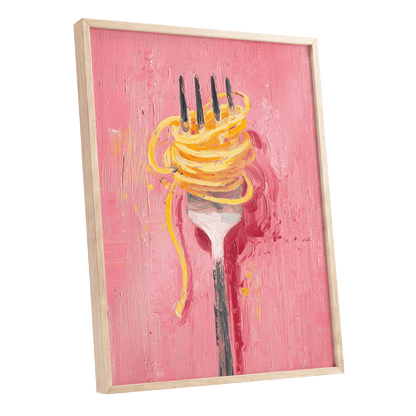 Golden Twirl, pink, gold, orange minimalist wall art shown as a oak framed poster wall art print