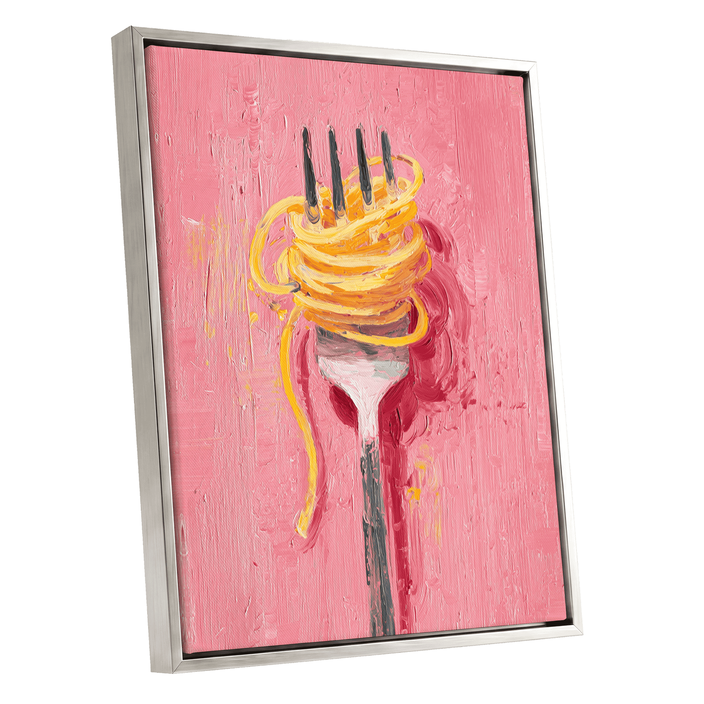 Golden Twirl, pink, gold, orange minimalist wall art shown as a silver framed canvas wall art