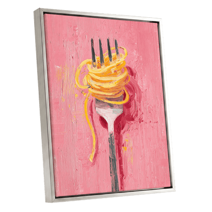 Golden Twirl, pink, gold, orange minimalist wall art shown as a silver framed canvas wall art