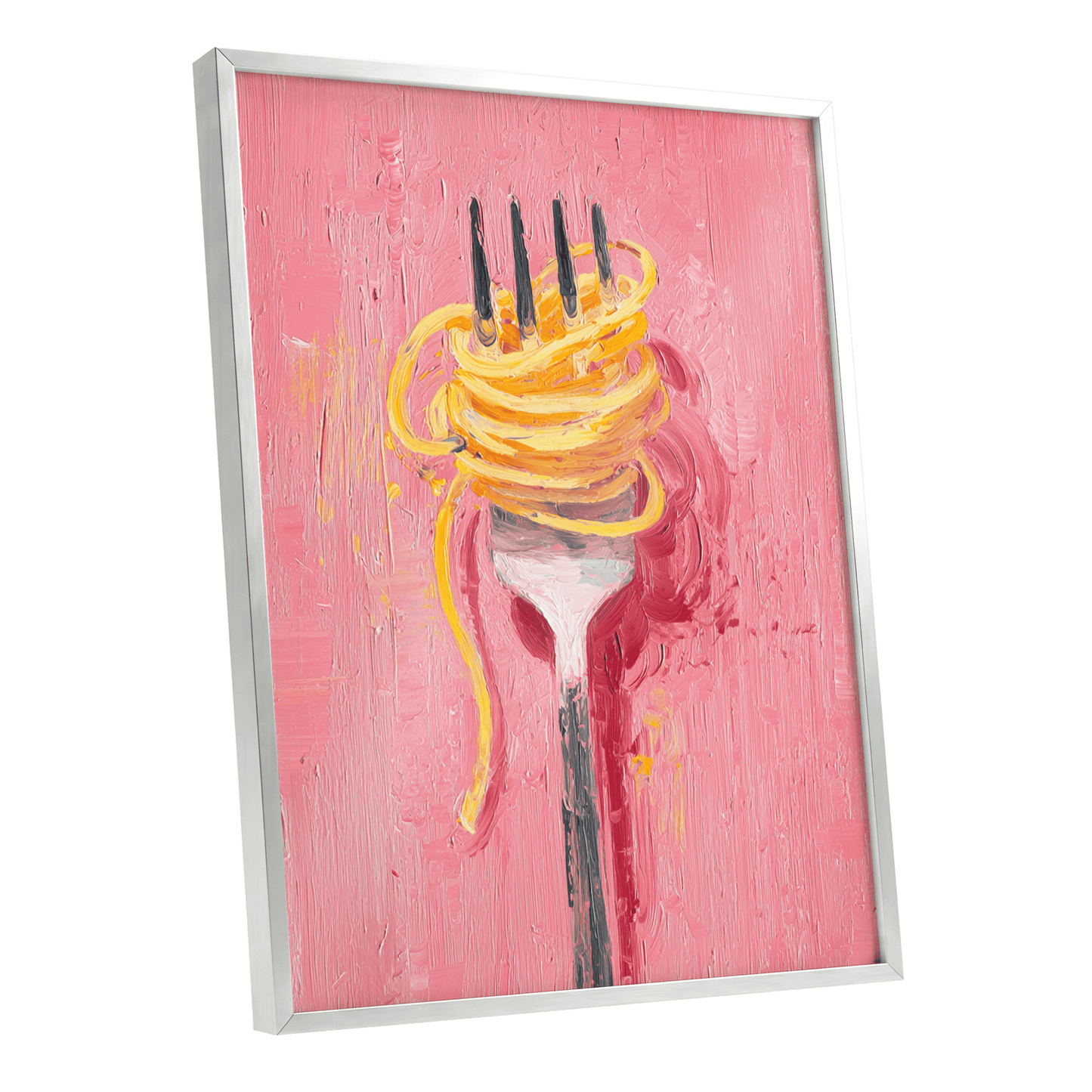 Golden Twirl, pink, gold, orange minimalist wall art shown as a silver framed poster wall art print