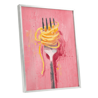 Golden Twirl, pink, gold, orange minimalist wall art shown as a silver framed poster wall art print