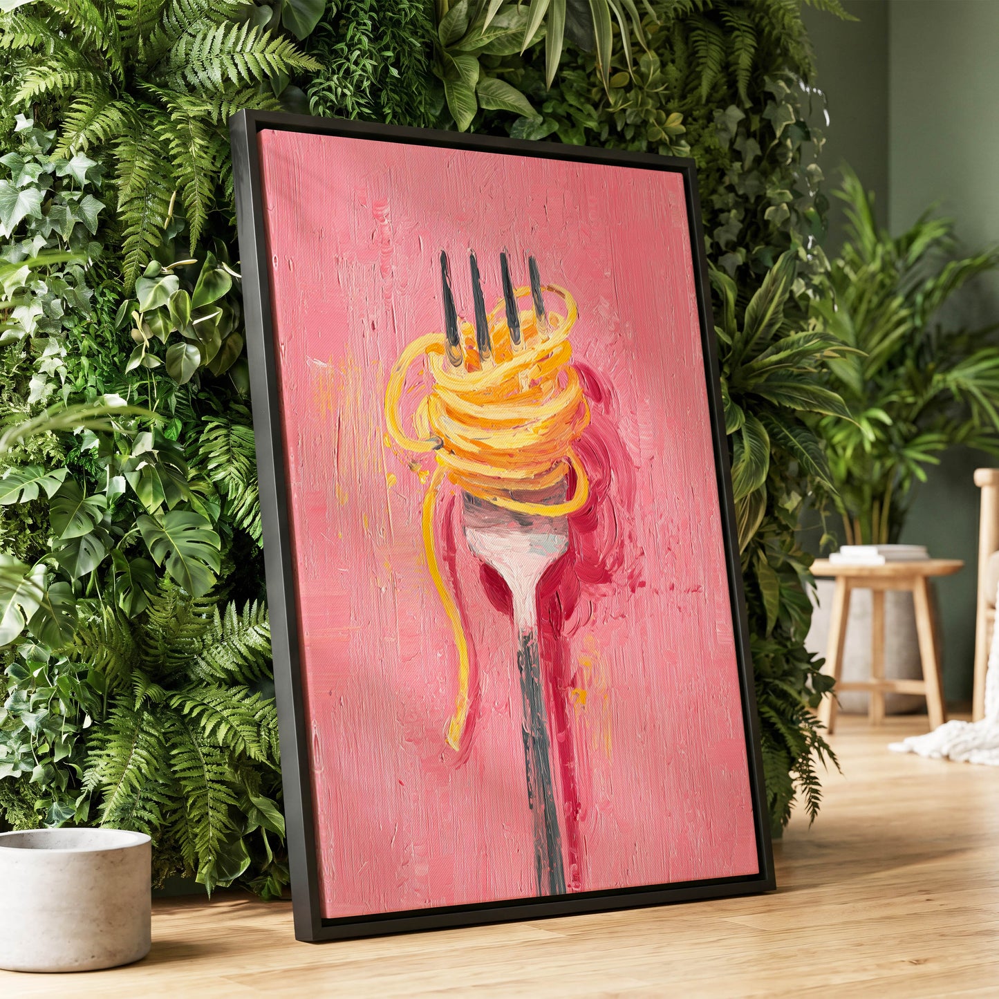 Golden Twirl, pink, gold, orange minimalist wall art displayed in a styled interior, gallery view 1