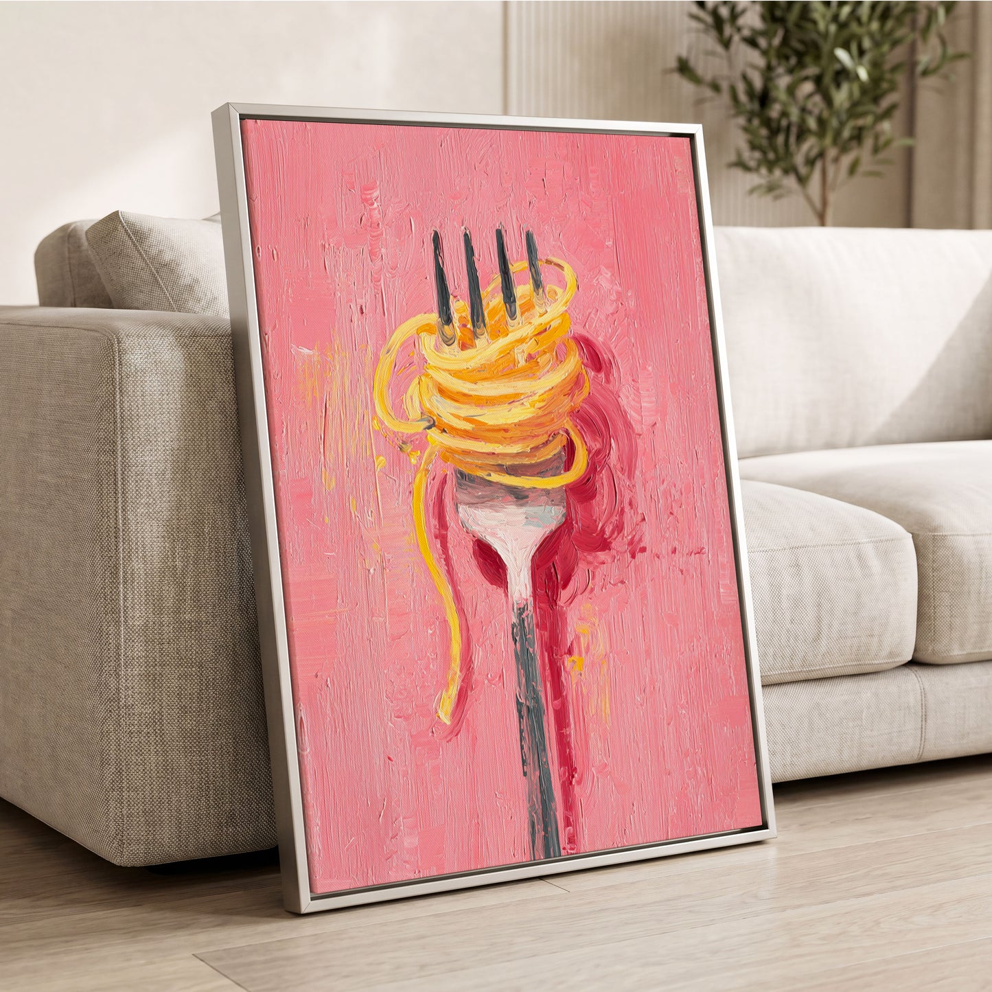Golden Twirl, pink, gold, orange minimalist wall art displayed in a styled interior, gallery view 2