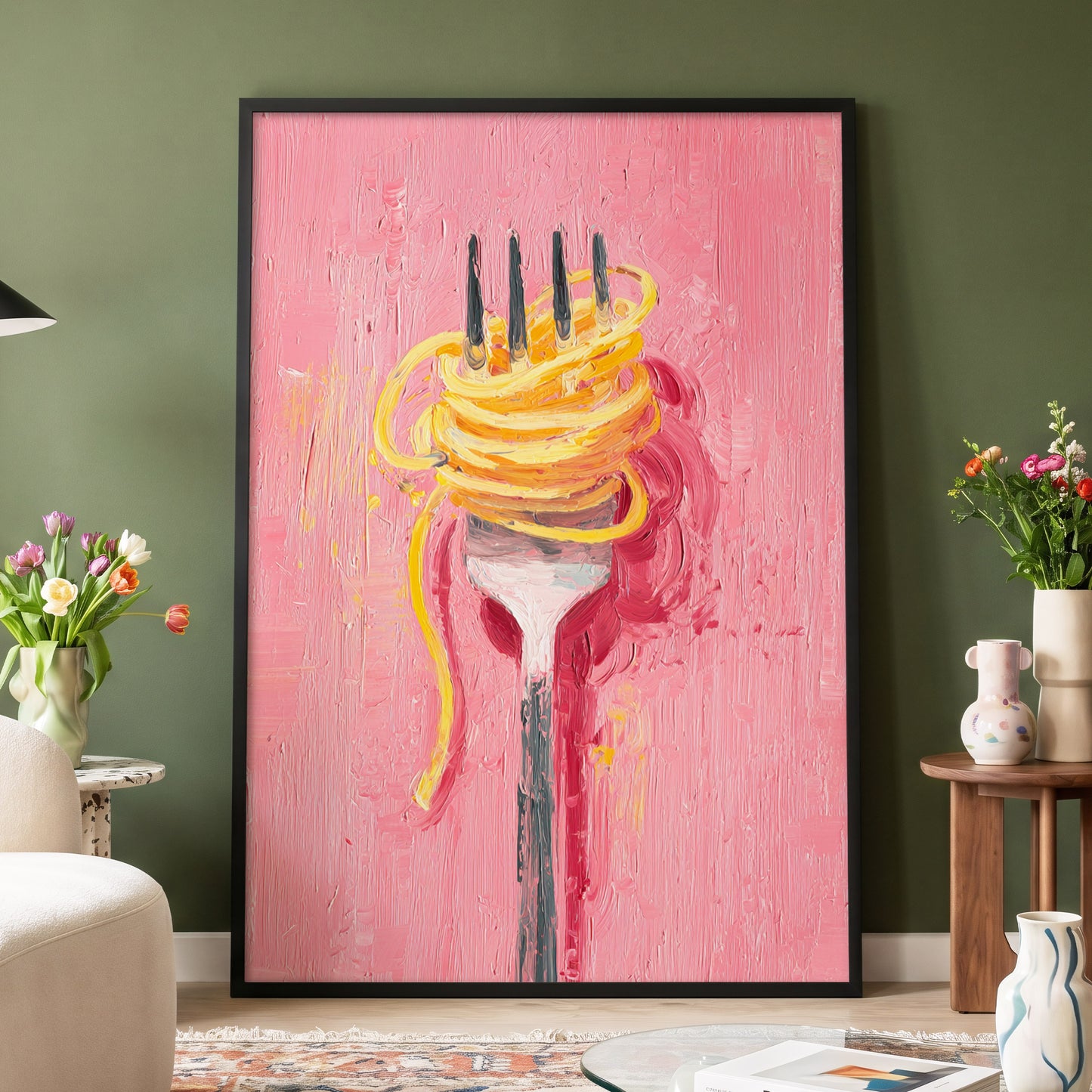 Golden Twirl, pink, gold, orange minimalist wall art displayed in a styled interior, gallery view 4