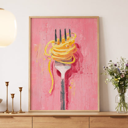 Golden Twirl, pink, gold, orange minimalist wall art displayed in a styled interior, gallery view 5