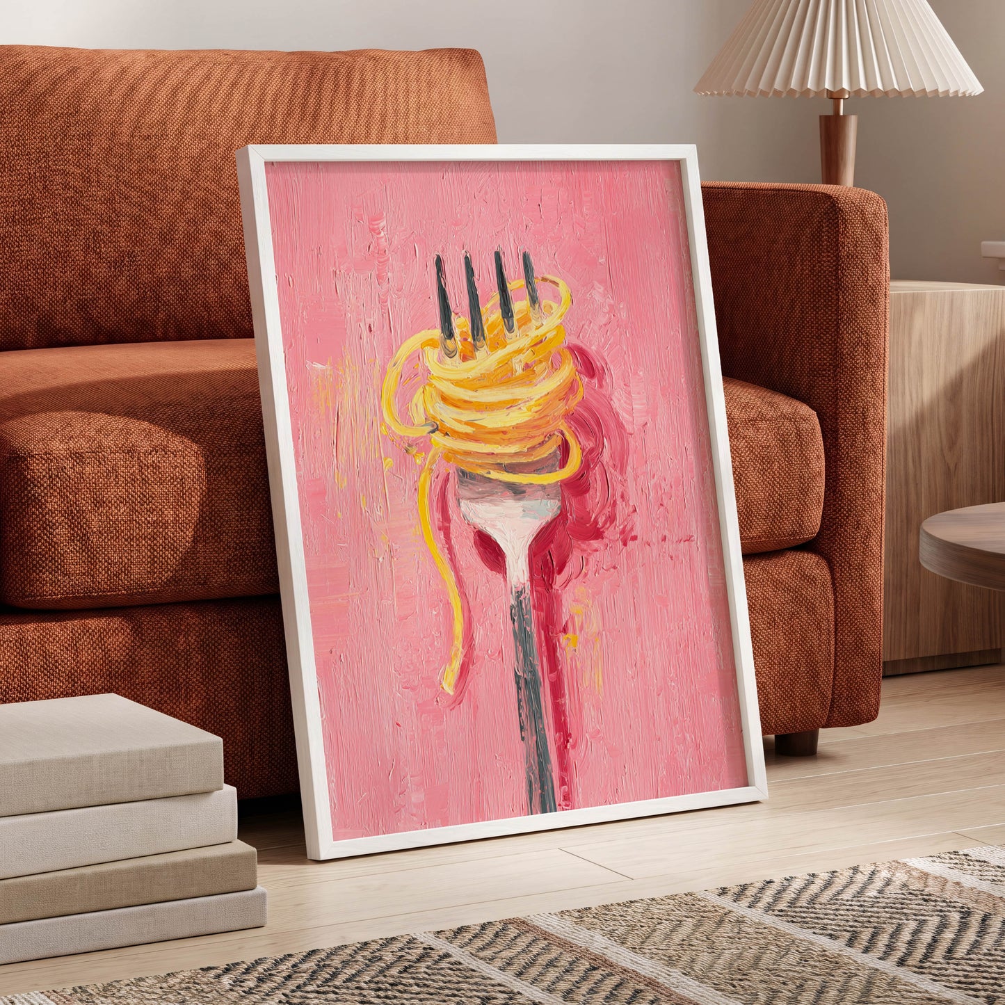 Golden Twirl, pink, gold, orange minimalist wall art displayed in a styled interior, gallery view 6