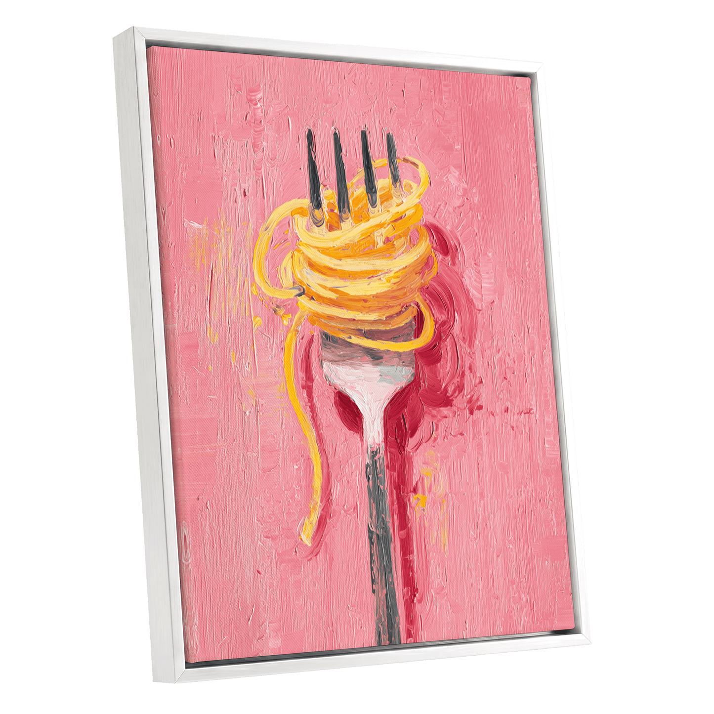 Golden Twirl, pink, gold, orange minimalist wall art shown as a white framed canvas wall art