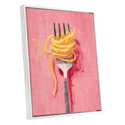 Golden Twirl, pink, gold, orange minimalist wall art shown as a white framed canvas wall art