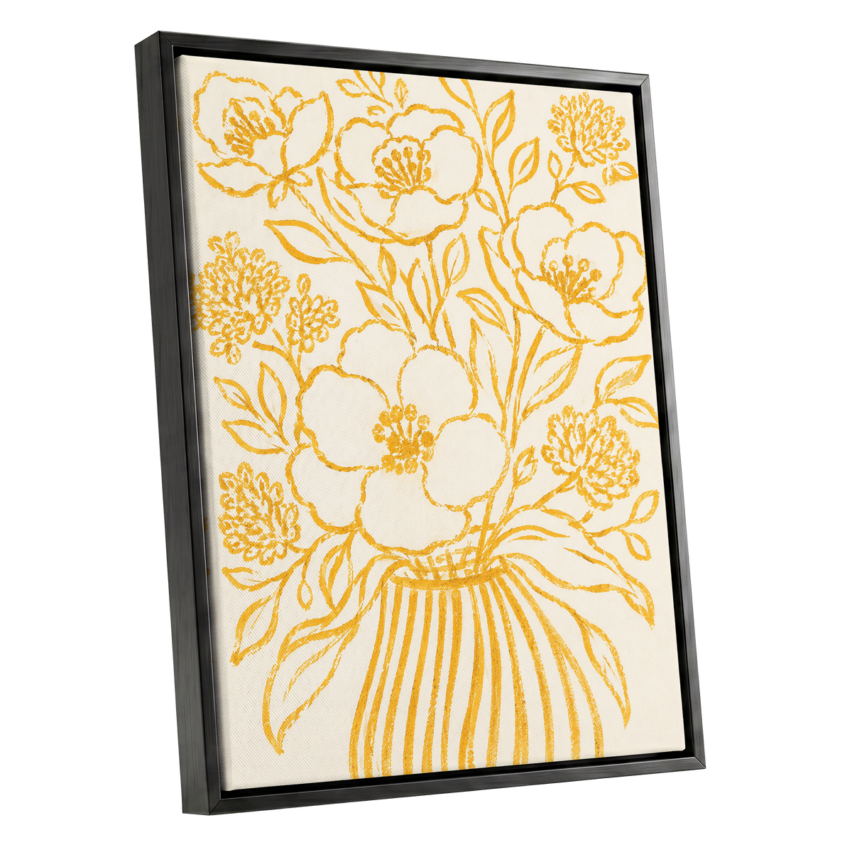 Golden Vase Reverie, beige, gold, yellow floral wall art shown as a black framed canvas wall art