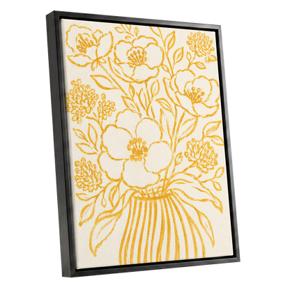 Golden Vase Reverie, beige, gold, yellow floral wall art shown as a black framed canvas wall art