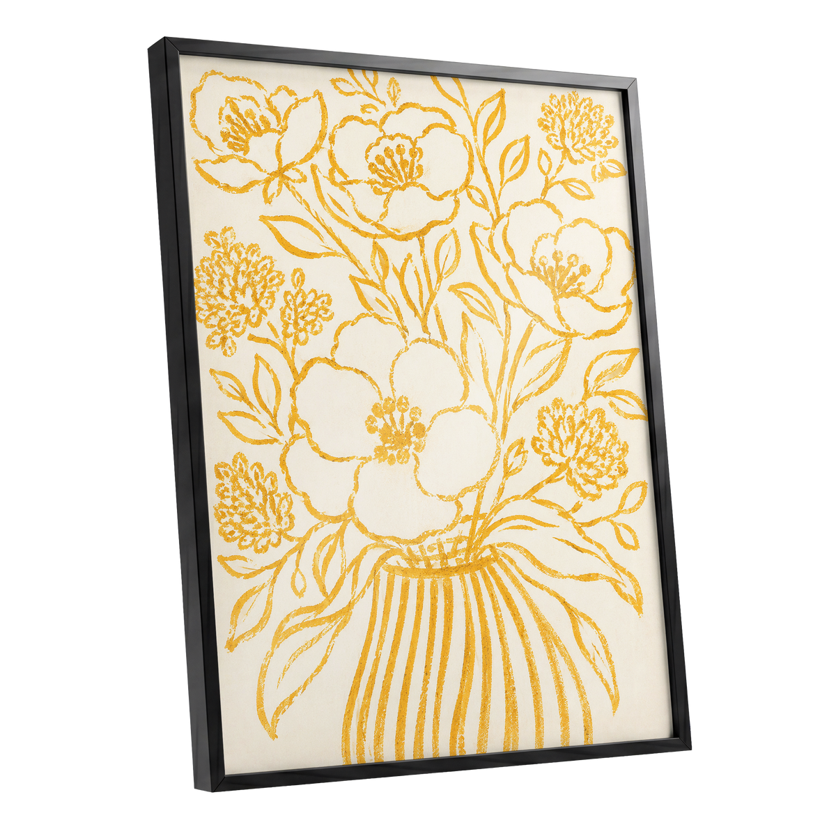 Golden Vase Reverie, beige, gold, yellow floral wall art shown as a black framed poster wall art print