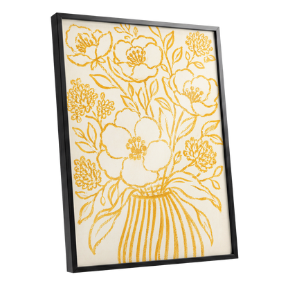 Golden Vase Reverie, beige, gold, yellow floral wall art shown as a black framed poster wall art print