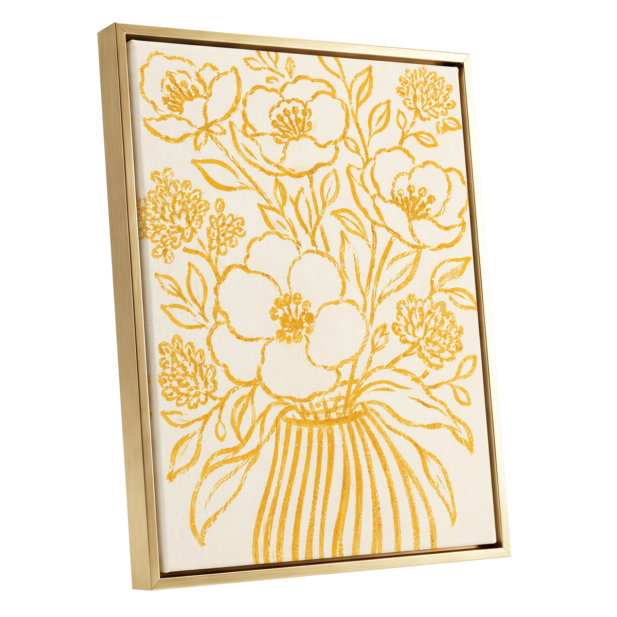 Golden Vase Reverie, beige, gold, yellow floral wall art shown as a gold framed canvas wall art