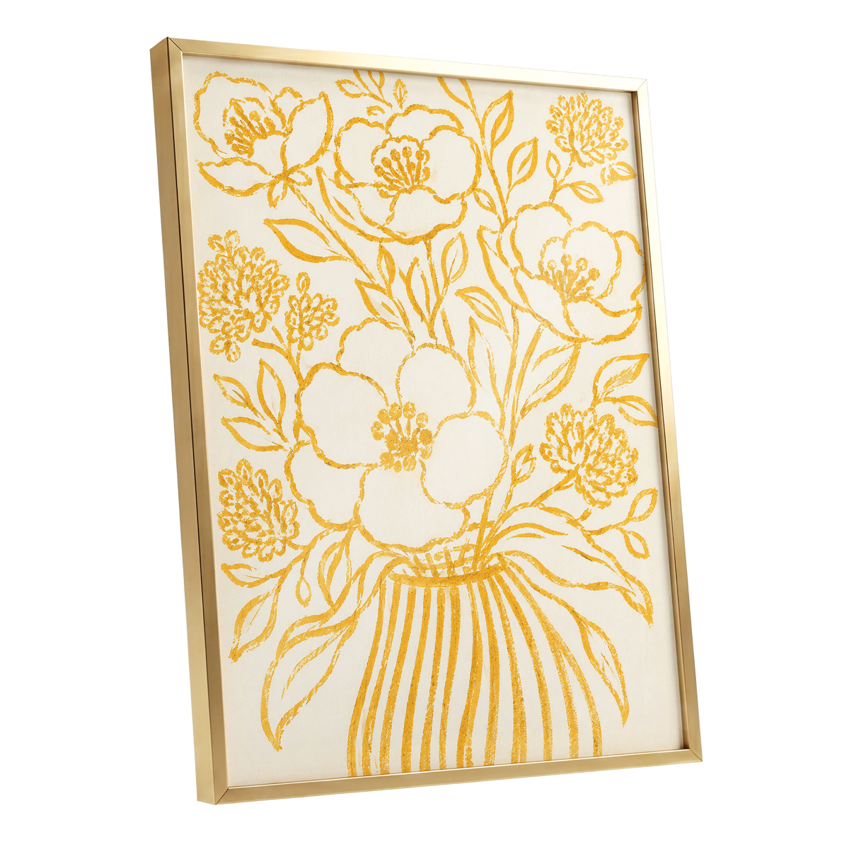 Golden Vase Reverie, beige, gold, yellow floral wall art shown as a gold framed poster wall art print