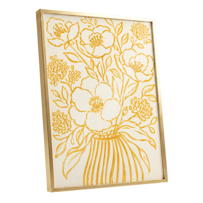 Golden Vase Reverie, beige, gold, yellow floral wall art shown as a gold framed poster wall art print