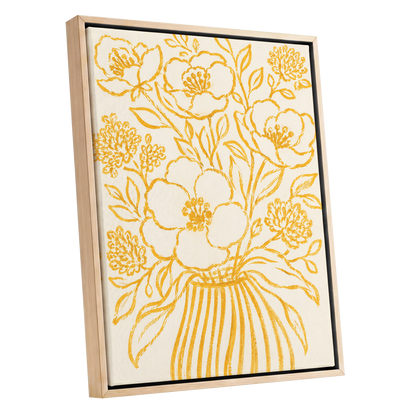 Golden Vase Reverie, beige, gold, yellow floral wall art shown as a oak framed canvas wall art