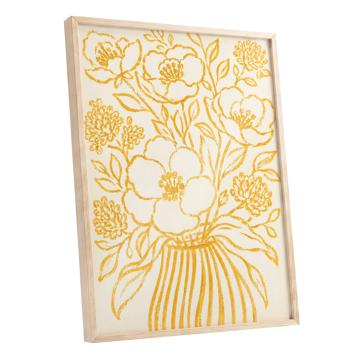 Golden Vase Reverie, beige, gold, yellow floral wall art shown as a oak framed poster wall art print