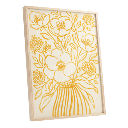 Golden Vase Reverie, beige, gold, yellow floral wall art shown as a oak framed poster wall art print