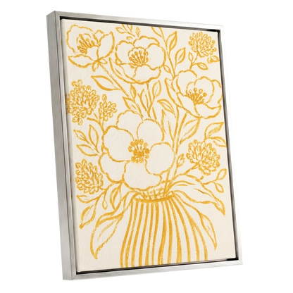 Golden Vase Reverie, beige, gold, yellow floral wall art shown as a silver framed canvas wall art