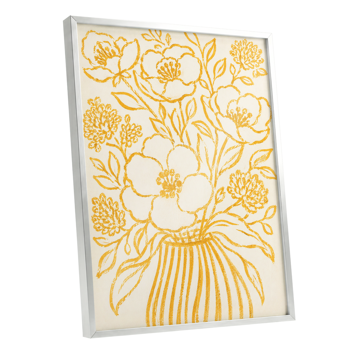 Golden Vase Reverie, beige, gold, yellow floral wall art shown as a silver framed poster wall art print