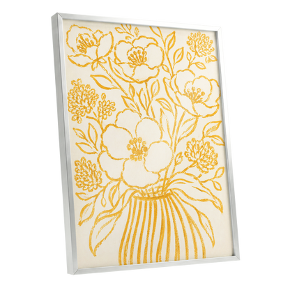 Golden Vase Reverie, beige, gold, yellow floral wall art shown as a silver framed poster wall art print