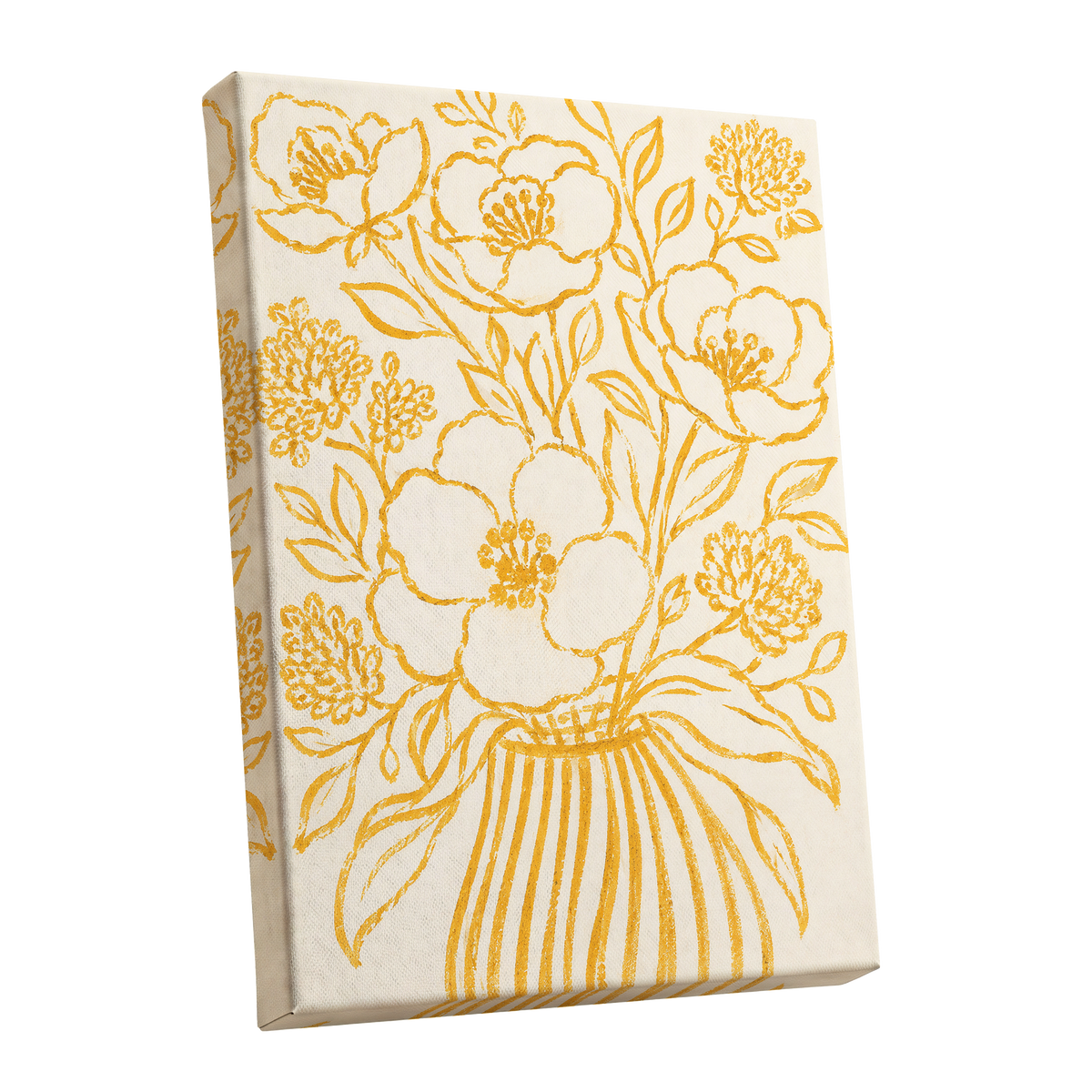 Golden Vase Reverie, beige, gold, yellow floral wall art shown as a stretched canvas wall art