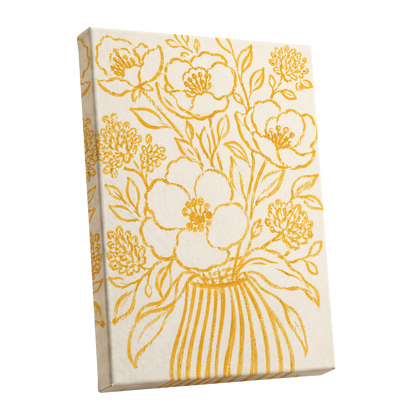 Golden Vase Reverie, beige, gold, yellow floral wall art shown as a stretched canvas wall art