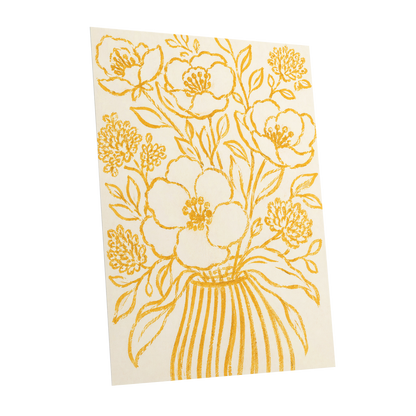 Golden Vase Reverie, beige, gold, yellow floral wall art shown as a unframed poster wall art print