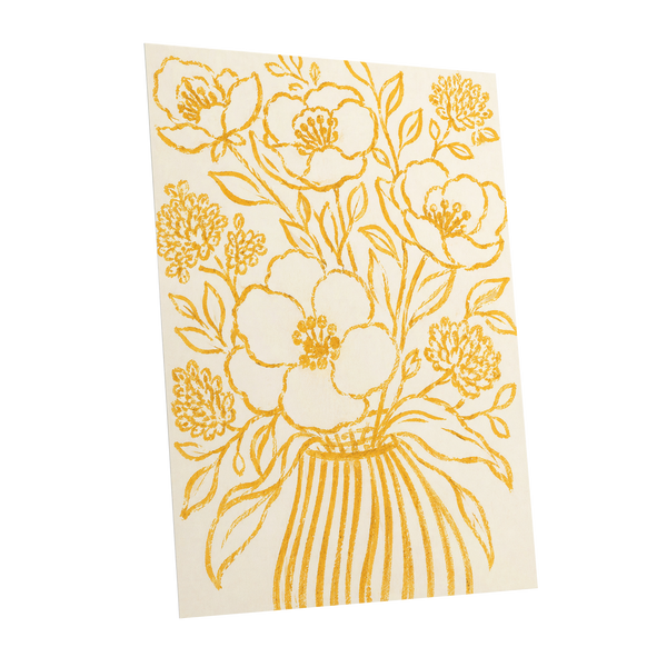 Golden Vase Reverie, beige, gold, yellow floral wall art shown as a unframed poster wall art print
