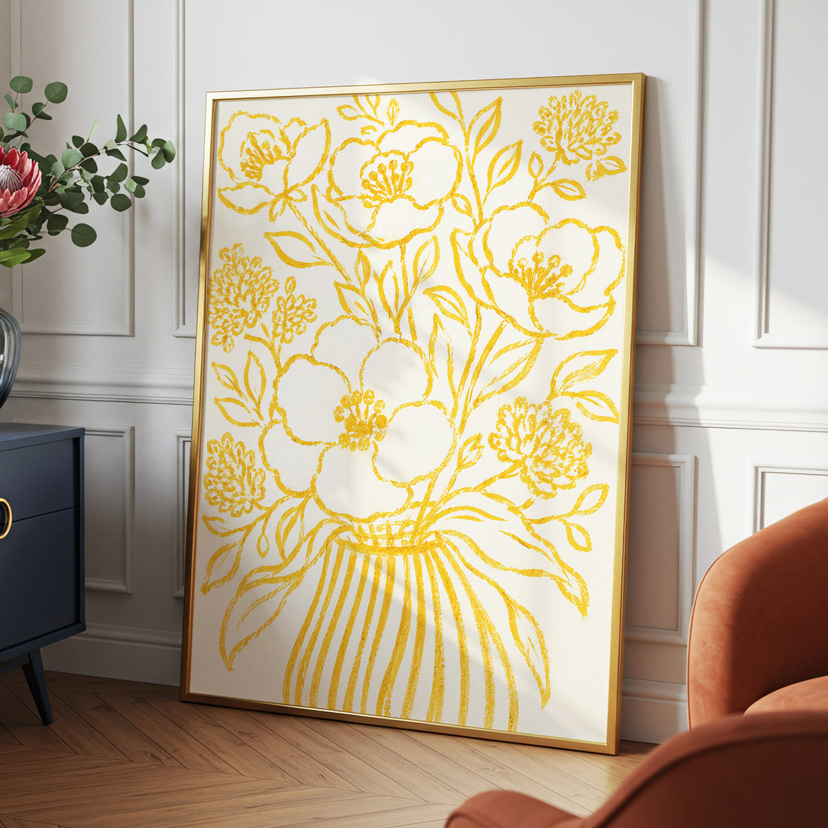 Golden Vase Reverie, beige, gold, yellow floral wall art displayed in a styled interior, gallery view 2