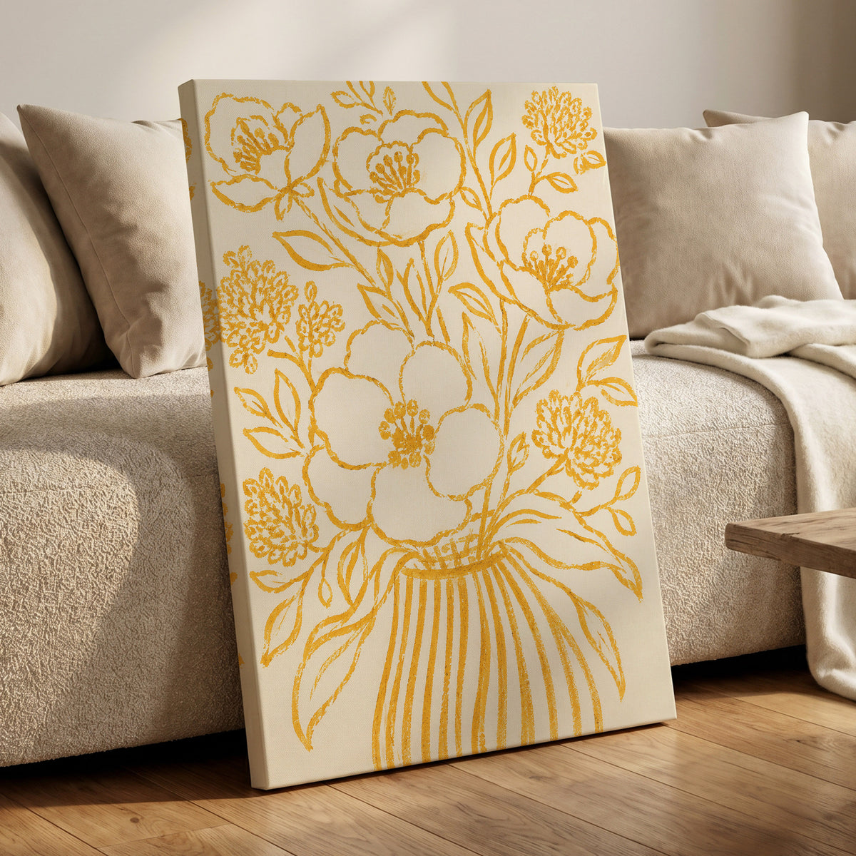 Golden Vase Reverie, beige, gold, yellow floral wall art displayed in a styled interior, gallery view 3