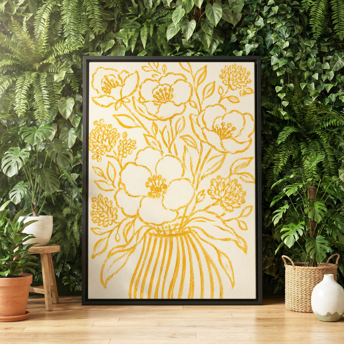 Golden Vase Reverie, beige, gold, yellow floral wall art displayed in a styled interior, gallery view 4