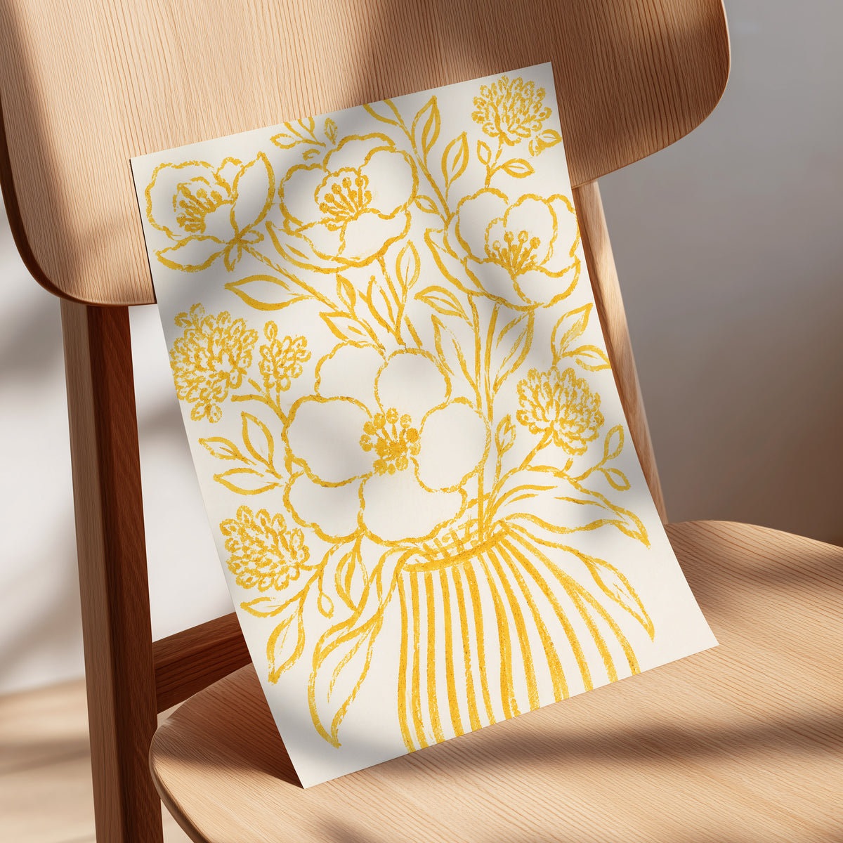 Golden Vase Reverie, beige, gold, yellow floral wall art displayed in a styled interior, gallery view 5
