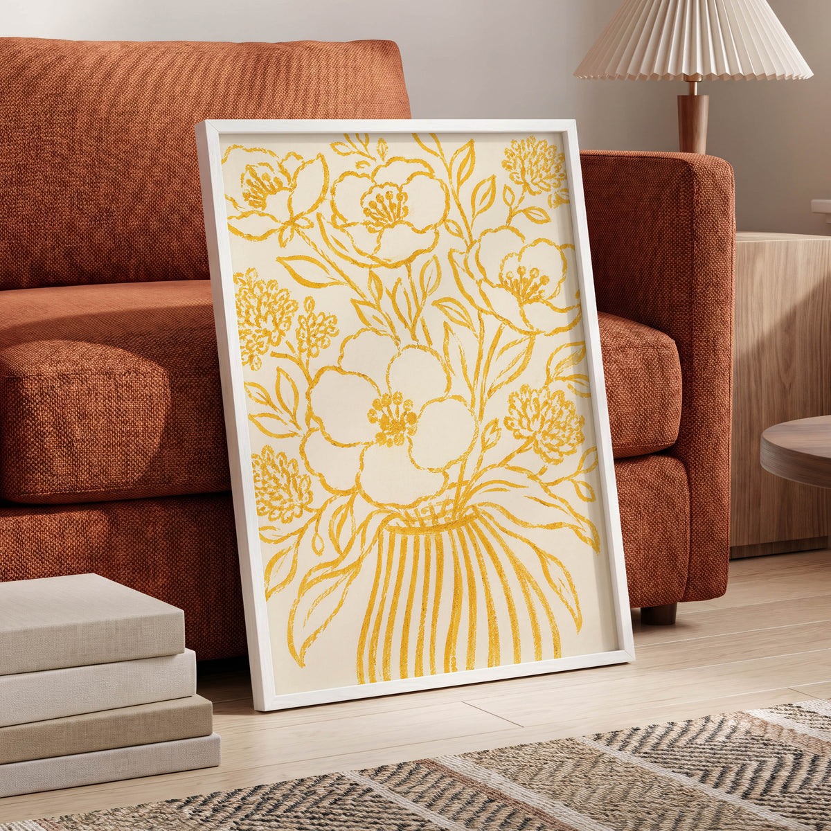 Golden Vase Reverie, beige, gold, yellow floral wall art displayed in a styled interior, gallery view 6