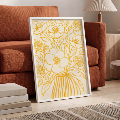 Golden Vase Reverie, beige, gold, yellow floral wall art displayed in a styled interior, gallery view 6