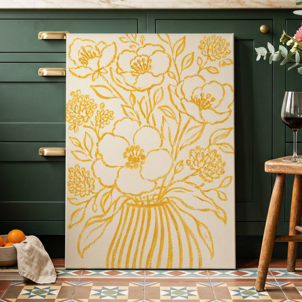 Golden Vase Reverie, beige, gold, yellow floral wall art displayed in a styled interior, gallery view 7