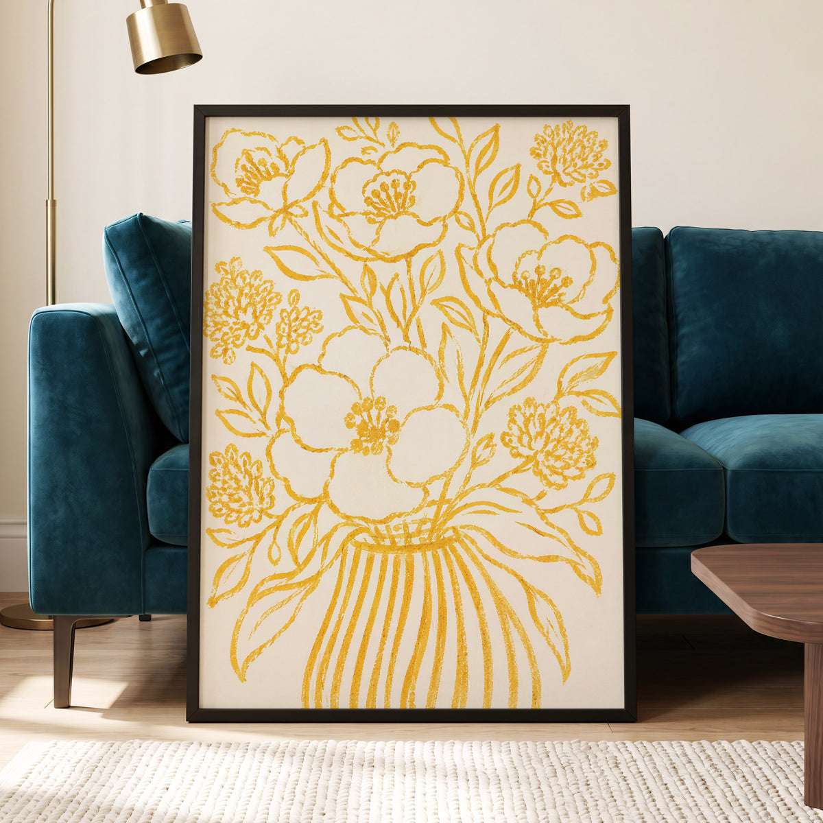 Golden Vase Reverie, beige, gold, yellow floral wall art displayed in a styled interior, gallery view 9
