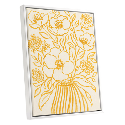 Golden Vase Reverie, beige, gold, yellow floral wall art shown as a white framed canvas wall art